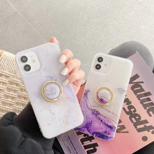 Gold Foil Glitter Purple Marble Phone Case For iPhone 11 12 Mini Pro XS Max XR X 7 8 Plus SE 2020 Back Cover Ring Holder Stand