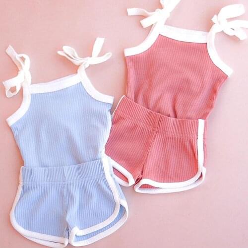 FOCUSNORM 0-18M Summer Baby Girls Clothes Sets 2pcs Solid Strap Sleeveless Romper Tops Shorts 3 Colors