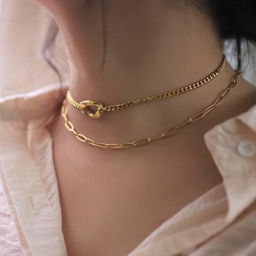 Gold Color Layered Necklaces For Women Charm Choker Paperclip Stainless Steel Cable Curb Cuban Chain Wholesale Jewelry LDN293