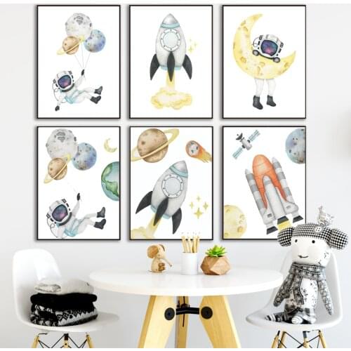 Space Astronaut Planet Rocket Moon Nursery Wall Art Canvas Painting Nordic Posters And Prints Wall Pictures Baby Kids Room Decor