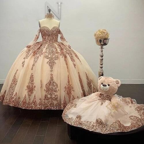 Rose Gold Sparkly Ball Gown Quinceanera Dresses Detachable Sleeves Sweetheart Sequines Applique Sweet 16 Dress Party Wear