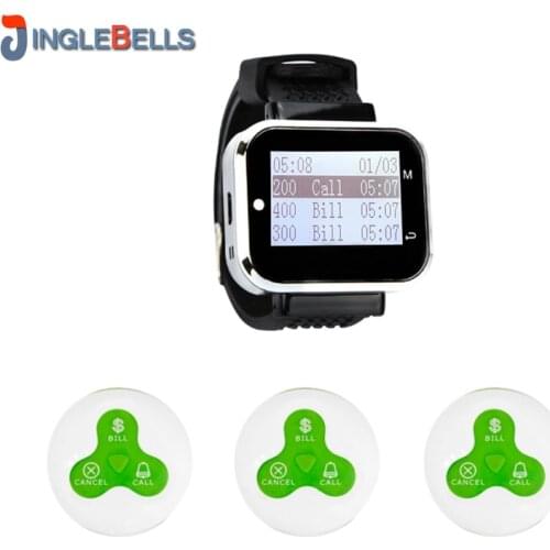 Restaurant Pager Wireless Waiter Calling System 433 MHz 1 Watch Receiver+ 3 Waterproof Three Keys Button Transmitter