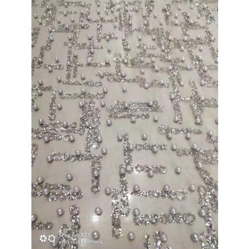 Modern design french net lace fabric with beads nice glued glitter african Tulle lace for party dress