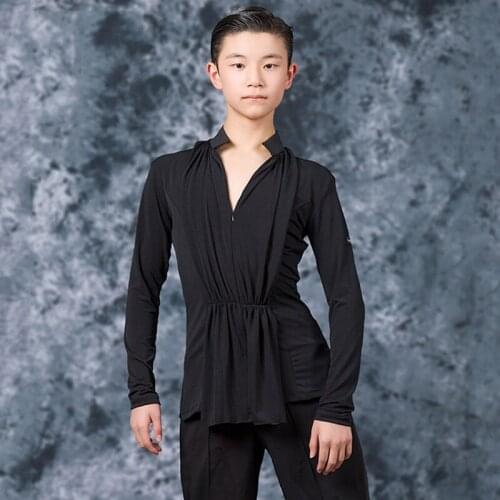 V-neck Latin Dance Top For Boys Salsa Dance Shirt Long Sleeves Latina Practice Costume Ballroom Cha Cha Dancers Outfits JL1052