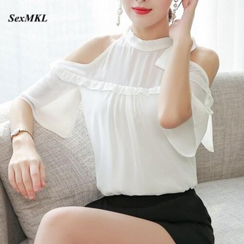 Sexy Off Shoulder Tops Women 2020 Fashion Short Sleeve Chiffon Summer Blouses Women Clothes Korean Elegant Office White Blouse