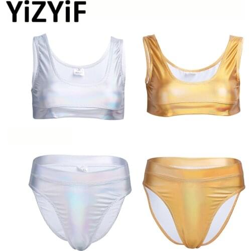 2Pcs Women Shiny Metallic Patent Leather Sleeveless Crop Top High Waist Shorts Bikini Bottoms Swimwear Sets