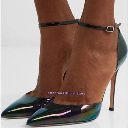 Mixed Color Ankle Wrap Women Thin High Heel Dress Shoe Pointed Toe Pumps Sexy OL Ladies High Heels Dress Shoes Plus size 46