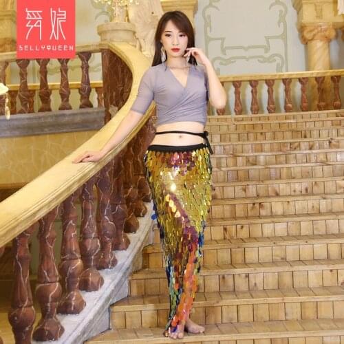 2019 new belly dance training dress womens dance suit summer Mermaid Sequin Hip Scarf Set 236