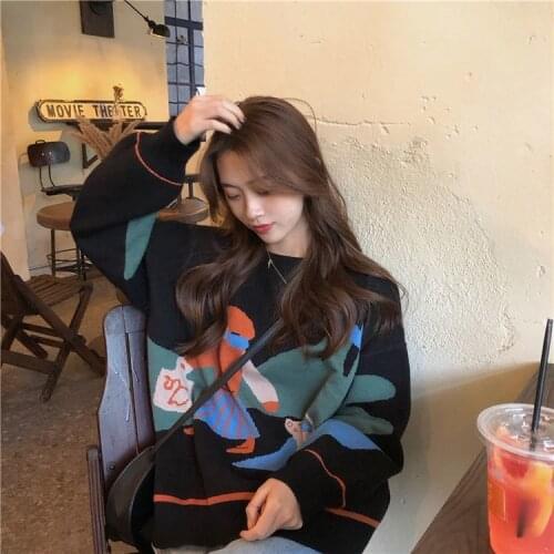 Fun Cartoon Pattern Printed Sweater Women Thin Section Loose Long Sleeve Fashion Knitted Bottoming Jumpers Female Spring Summer