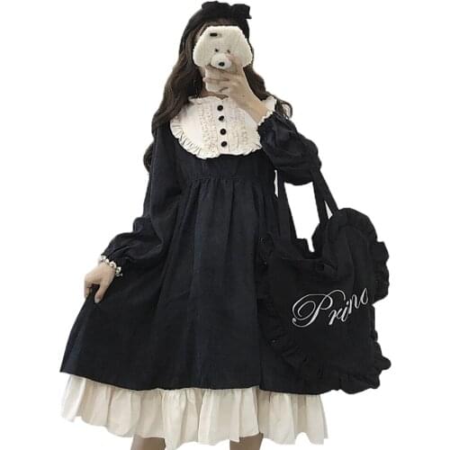 Winter Lovely Soft Girl Lolita Dress Teen Girl Japanese Retro Black Solid Long Sleeve Loose Patchwork Dress Princess Costume