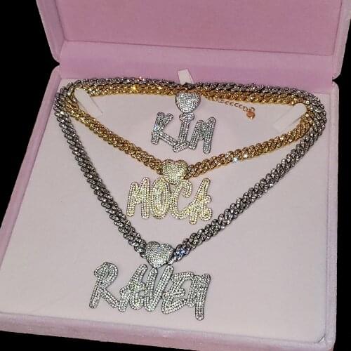 A-Z Personalised Initial Letters Name Pendant Necklace Custom Name Chain Zircon Diamond Necklace Nameplate With Cuban Chain