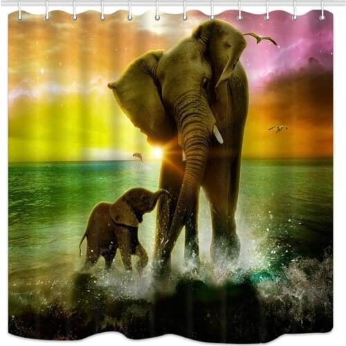 Animal Africa Elephant and Baby Playing in Ocean at Sunrise Fabric Bathroom Decor