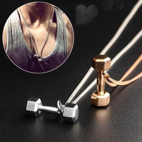 Fashion Gym Dumbbell Pendant Chain Necklace For Women Men Long Gold Silver Color Barbell Pendant Choker Accessories Gift