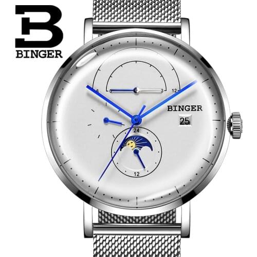 BINGER Mens Watches Top Brand Luxury Automatic Mechanical Watch Men Multi-function Calendar moon phase 24 hours Sapphire Watches