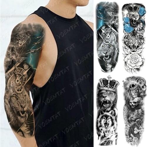 Large Arm Sleeve Tattoo Lion Tiger Rose King Waterproof Temporary Tatto Sticker Wolf Crown Body Art Full Fake Tatoo Women Men