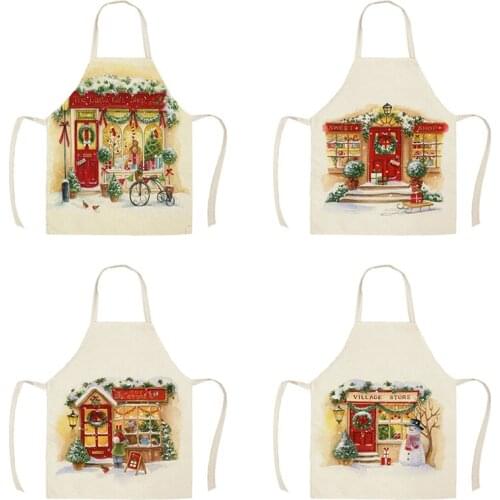 Women Men Christmas Sweet Shop Toy Store Cotton Linen Aprons for Kitchen 53*65cm Home Cooking Baking Cleaning Accessories
