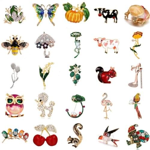 Flamingo Owl Dog Dragonfly Cherry Flower Bee Bird Brooch Collar Pins Corsage Animal Badges Jewelry Women Kids Brooches