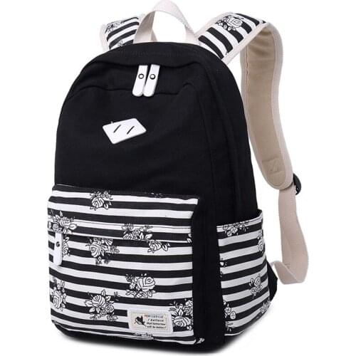 Canvas Women Backpack Striped Printing Casual Daypack Bag Laptop Backpack School Bags for Teenager Girls Bagpack-Black