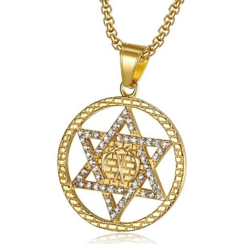 Stainless Steel Hip Hop Star of David Pendant Necklace Round Circle Star Zircon Stone Necklaces Jewelry Gift For Him with Chain