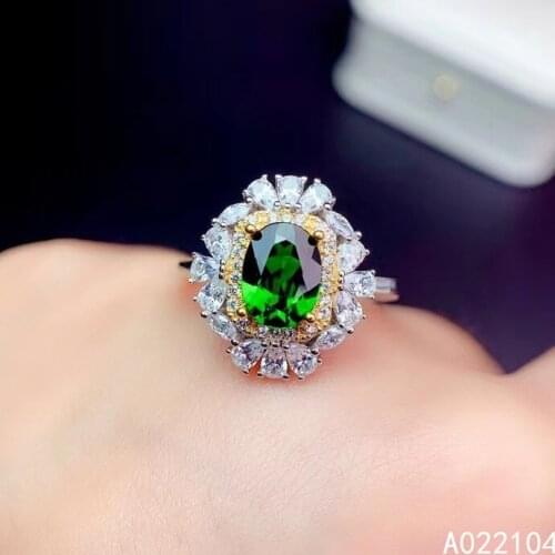 KJJEAXCMY fine jewelry 925 sterling silver inlaid Natural Diopside women vintage elegant flower adjustable gem ring support dete