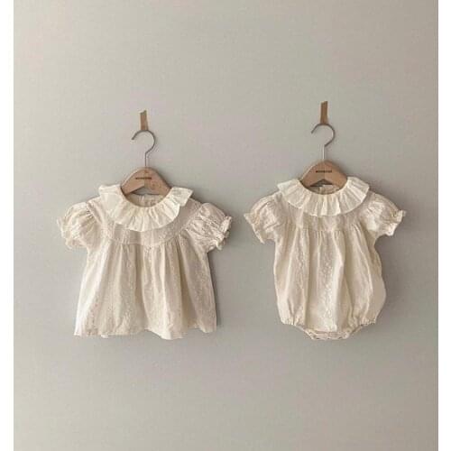 2021 New Baby Shirt Newborn Linen Bodysuit Lace Collar Cotton Infant Tee Ruffle Sleeve Solid Toddle Jumpsuit Korean Baby Romper