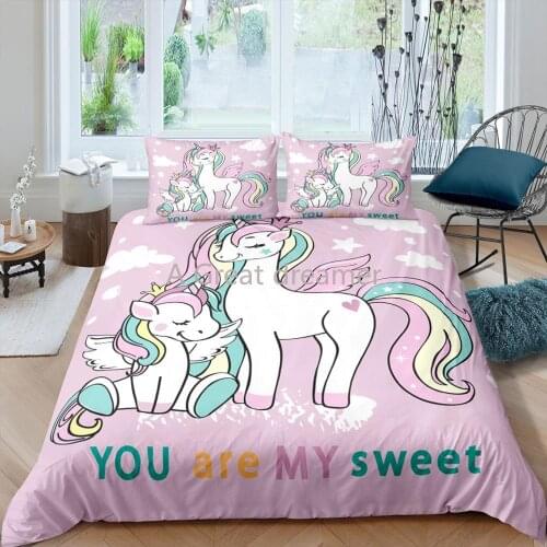 3D Cartoon Unicorn Duvet Cover Sets Cute Pink Bedding Set For Children Kids Baby Bed Linen With Pillowcases Custom Bed Set