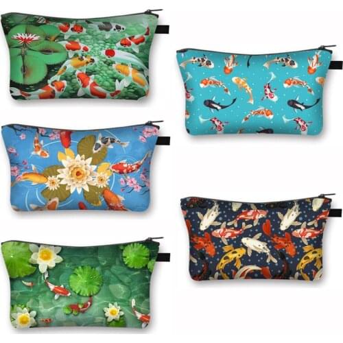 Chinese Koi Fish Cosmetic Bag Women Crane Asian Dragon Makeup Case Ladies Beauty Lipstick Bags Portable Toiletries Bag Gift