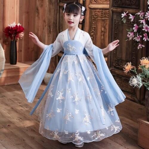 Hanfu Tang Suit for Girl Summer Children Fairy Costume Chinese Style Stage Dress Outfit for Kids Traditional Girl Dresses blue