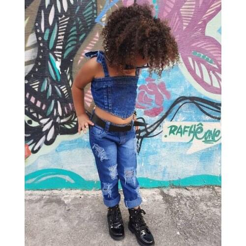 2Pcs Toddler Girl Summer Outfits, Sleeveless Tie Strap Crop Tops + Ripped Denim Pants Set