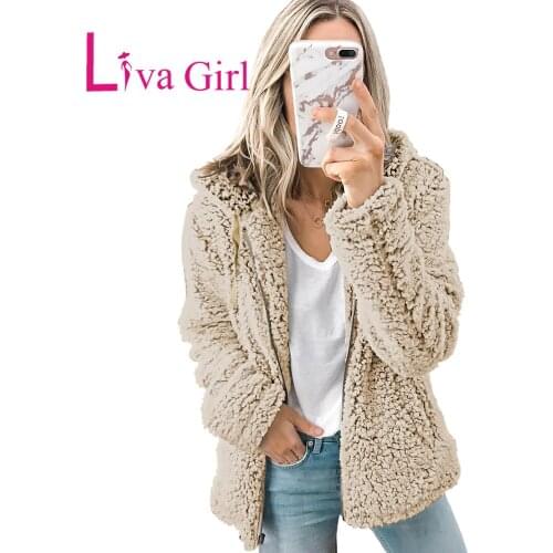 LIVA GIRL Woman Warm Plus Size Coat 2021 Zipper Hooded Faux Fleece Solid Color Jacket Female Casual Long Sleeve Oversize Tops