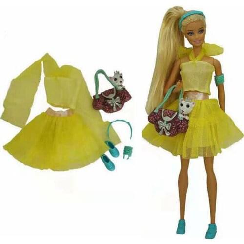 Fashion Yellow 1/6 BJD Clothes For Barbie Doll Outfits Shirt Top Lace Skirt Shoes Dog Bag Hairpin Armlet 11.5" Dolls Accessories