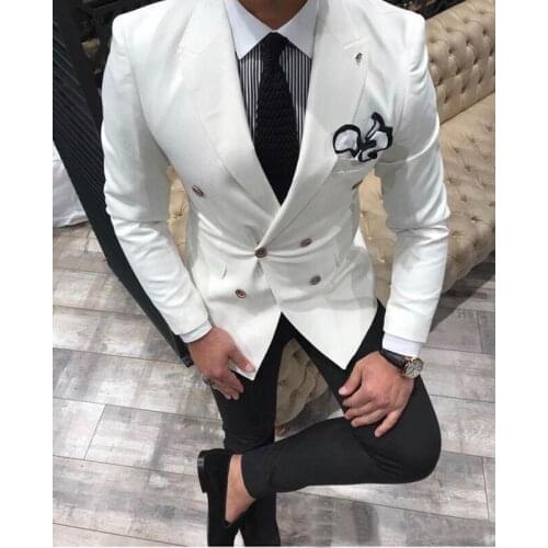 Double Breasted Wedding Suits for Men Slim Fit 2 Piece Groom Tuxedo Male Fashion White Jacket with Black Pants 2021