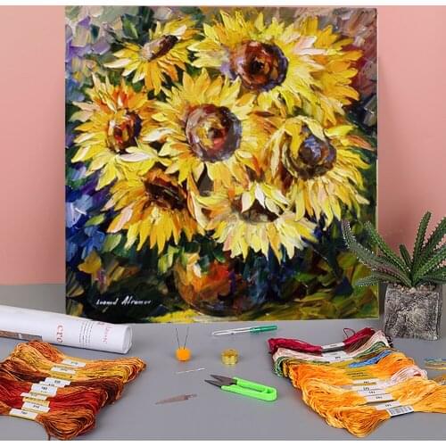 Yellow Petals Printed Fabric 11CT Cross Stitch Complete Kit DIY Embroidery DMC Threads Painting Sewing Handicraft Magic