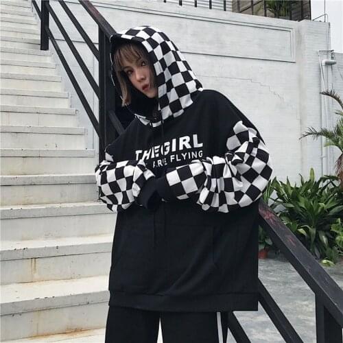 Autumn new Harajuku winte Korea ulzzang street fashion loose plaid stitching letters printed casual hooded tops chic sweatshirt