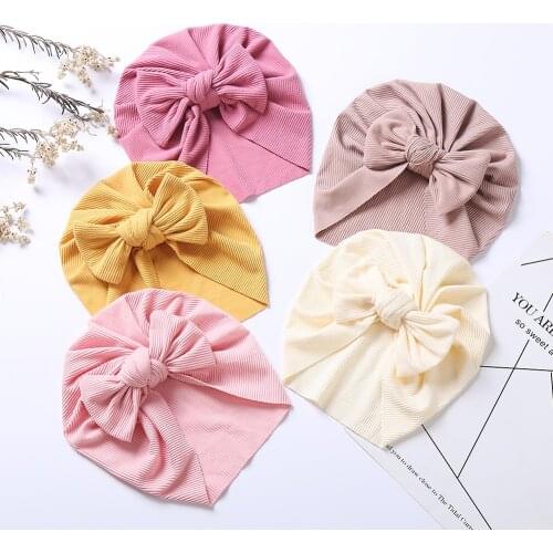 Solid Ribbed Bowknot Baby Girl Turban Hat for Newborn Form 0 to 4T Bebe Boy Winter Autumn Caps Fashion Infant Hair Accessories