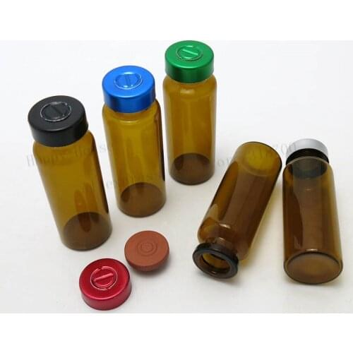 Wholesale 200 x 20ml glass amber bottles with colorful aluminum lids,2/3oz glass sample vials with butyl silicone rubber stopper