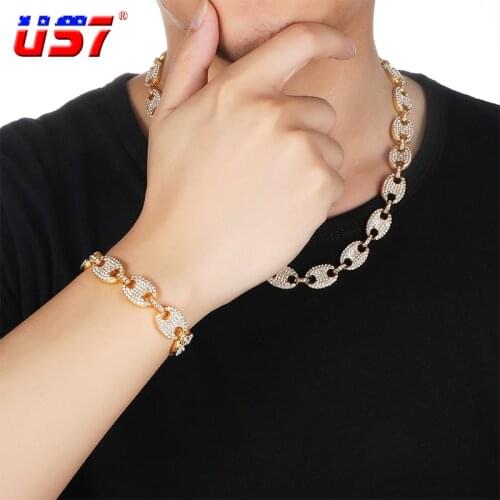 US7 12MM Gold Color Bling CZ Coffee Bean Link Chain Necklace Charm Alloy Iced Out Chain Necklaces For Men Rock Hip Hop Jewelry