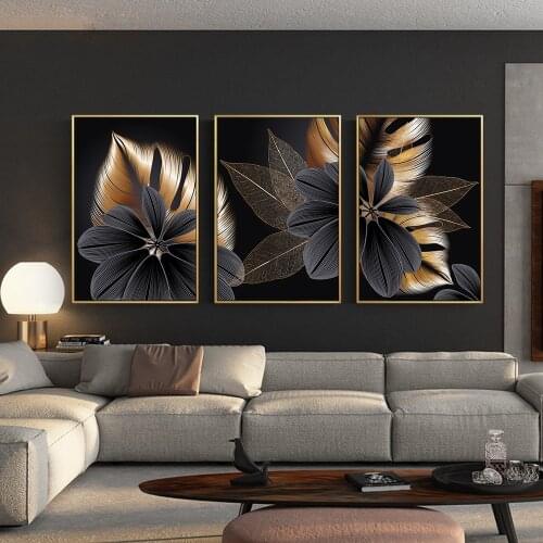 Black Golden Plant Leaf Canvas Poster Print Modern Home Decor Abstract Wall Art Painting Nordic Living Room Decoration Picture