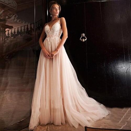Stunning Tulle V-neck Neckline A-line Wedding Dresses Open Back Champagne Bridal Dress robe de mariee princesse de luxe