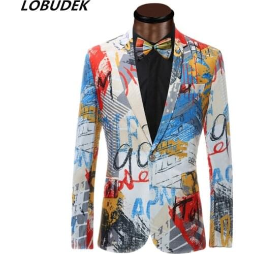 New Design Graffiti Print Casual Suit Coat Tide Male Singer Stage Performance Blazers Host Tuxedo Jacket Costume Euro Plus Size