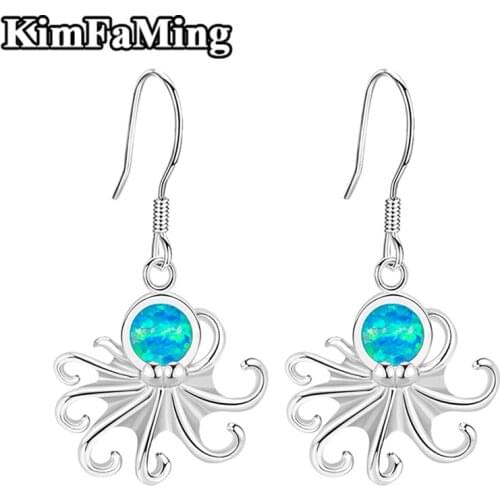 Lovely Sea Animal Octopus Blue Opal Sterling Silver Long Earrings for Women Unique Fine Jewelry Holiday OPE047