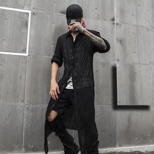 Men summer cotton linen thin long shirt slim fit punk hiphop blouse Japan vintage streetwear men shirt nightclub stage costume