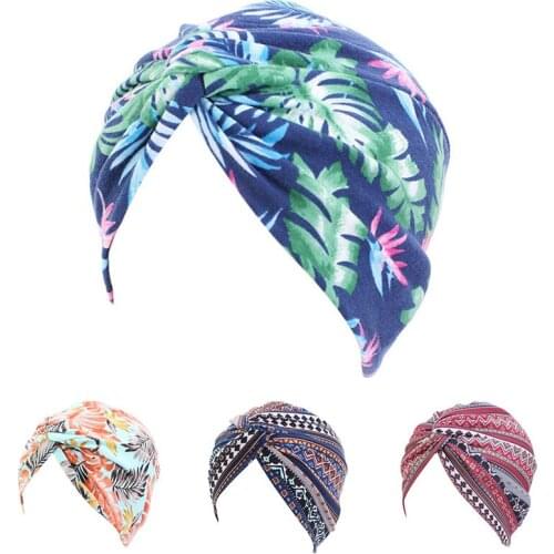 Fashion Stretch Muslim Floral Head Wrap Turbantes Hat Women Beanie Bandanas Scarf Cross Knotted Head Wrap Caps Bohemian Headwear