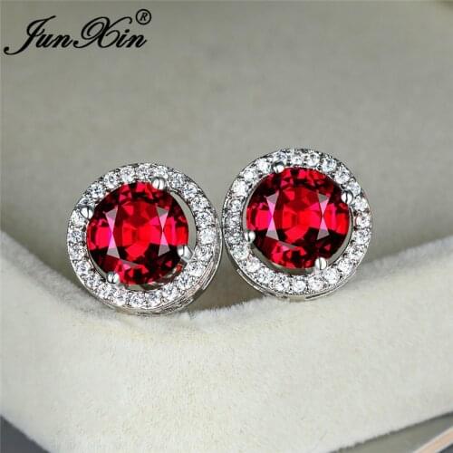 Vintage Dark Red Crystal Stone Earrings Round Zircon Wedding Stud Earrings For Women White Gold Rose Gold Engagement Jewelry Cz