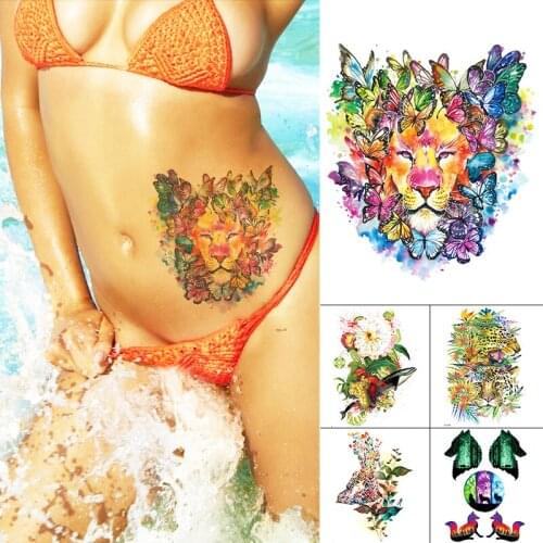 Waterproof Temporary Tattoo Sticker Watercolor Lion Butterfly Tattoos Wolf Mountain Moon Body Art Arm Fake Tatoo Women Men