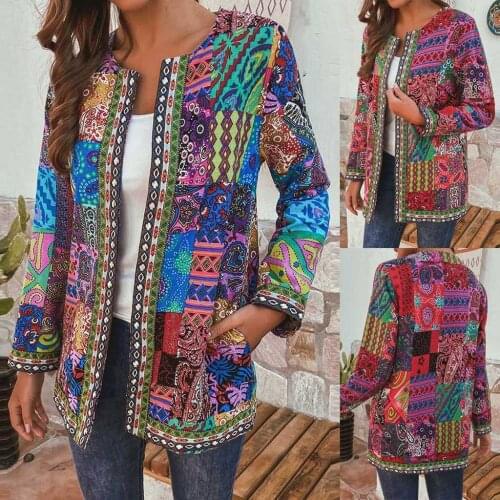Women Vintage Ethnic Style Floral Print Long Sleeve Plus Size Cotton Jacket Coat Loose Large Size Women Coat Open Stitch Jacket