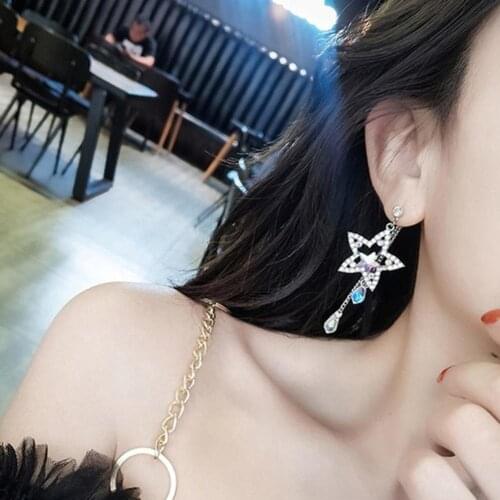 Women Shiny Rhinestone Hollow Star Tassel Dangle Drop Earrings Jewelry