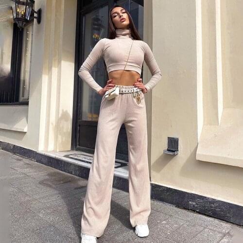 Ribbed 2 Piece Set Women Casual Matching Sets Turtleneck Long Sleeve Crop Top Wide Leg Pant Outfits Solid Fitness Suit Ladies