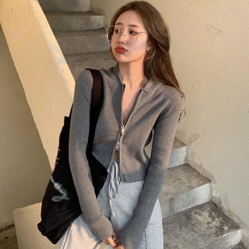 2020 Autumn Wild Korean Style Solid Sweater Women Slim Short Style Knitted Long-Sleeved Female Hooded Cardigan