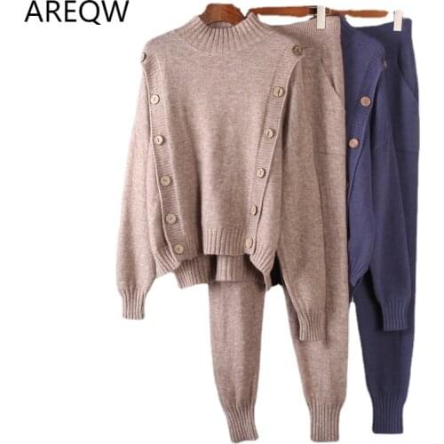 Knitted Set Women 2021 Autumn Winter Loose button Sweater & Carrot Pant 2 Pieces Female Outfit Tracksuits Harem Pants